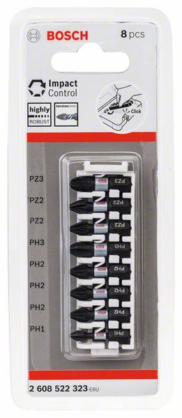 BOSCH Schrauberbit-Set Impact Control, 8-teilig, PH1, 3x PH2, PH3, 2 x PZ2, PZ3, 25 mm