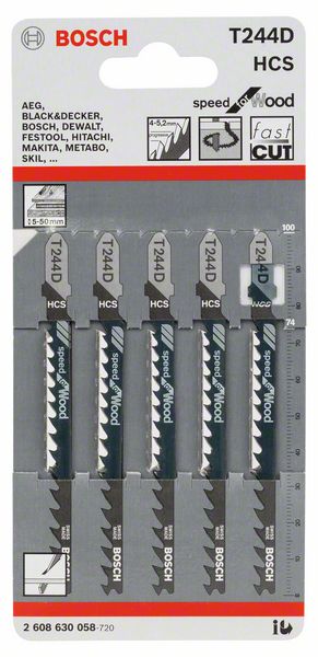 BOSCH Stichsägeblatt T 244 D Speed for Wood, 5er-Pack