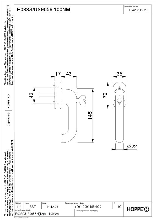 HOPPE® Fenstergriff abschließbar Paris E038S/US9056 100NM, mit Schrauben, Edelstahl, 12017929