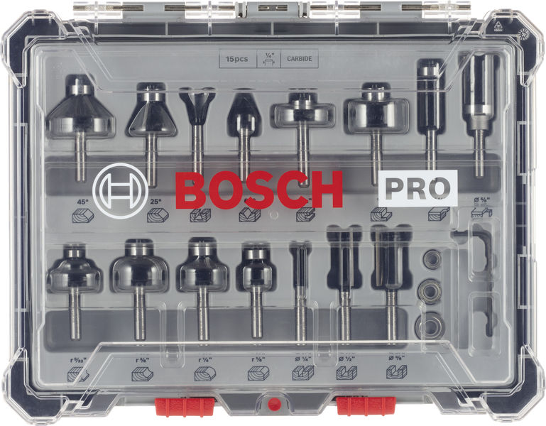 BOSCH Fräser-Set, 1/4 Zoll-Schaft, 15-teilig