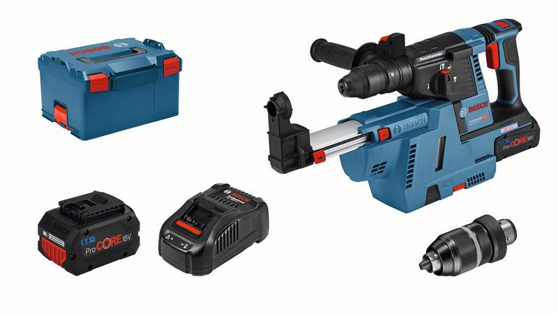 BOSCH Akku-Bohrhammer mit SDS plus GBH 18V-26 F: 2x Akku GBA 6.0Ah, Staubabsaugsystem