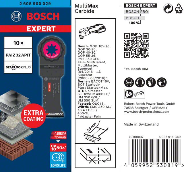 BOSCH EXPERT MultiMax PAIZ 32 APIT Blatt für Multifunktionswerkzeuge, 32 mm, 10 Stück. Für oszillierende Multifunktionswerkzeuge