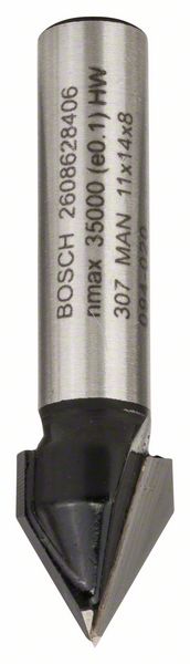 BOSCH V-Nutfräser Standard for Wood mit 8 mm Schaft, D1 11 mm, L 14 mm, G 45 mm, 60°