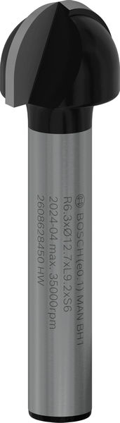 BOSCH Hohlkehlfräser 6 mm, R1 6,3 mm, D 12,7 mm, L 9,2 mm, G 40 mm