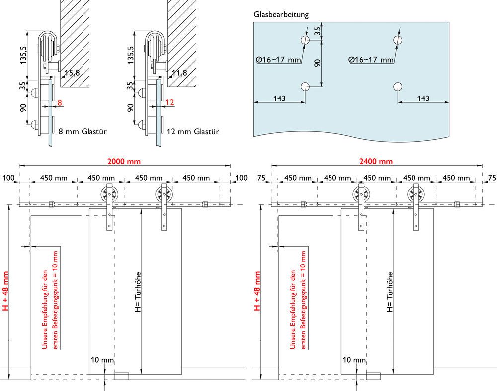 HERMAT Schiebetürbeschlag DIMARO 9033 für Glastüren, 80 kg, 2-flg., Edelstahl