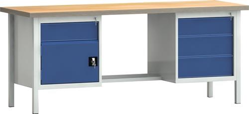KLW Werkbank PW 700 B2000xT700xH840mm Buche Multiplex lichtgrau/blau 4 Schubl.1 Tür