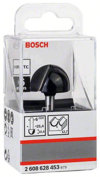 BOSCH Hohlkehlfräser 6 mm, R1 12,7 mm, D 25,4 mm, L 15,6 mm, G 49 mm