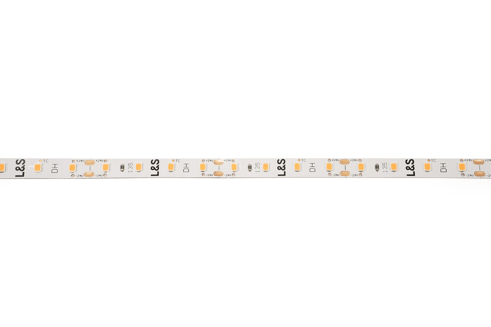 L&S LED-Band HE 80LEDs/m (2835), 2700K, 4 LEDs/50mm, 24DC, 4,3W/m, 8mmx5m, 2x Anschlussltg. 2000mm, white PCB, IP20