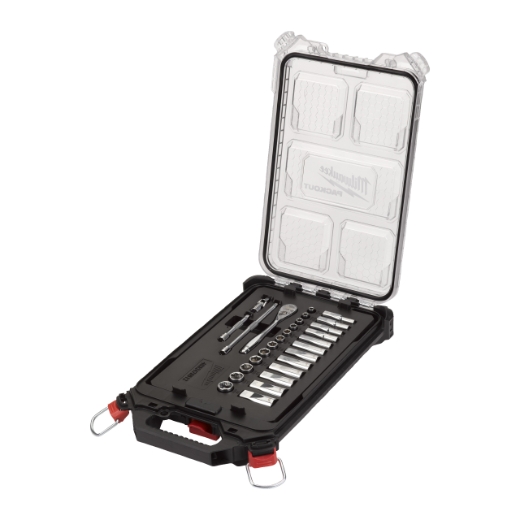 MILWAUKEE 28-teilig im PACKOUT Compact-Organiser Slim Ratschen- und Steckschlüsseleinsatz Set 1/4" metrisch