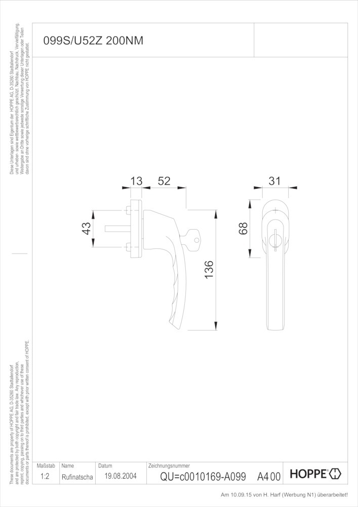 HOPPE® Fenstergriff absperrbar Luxembourg 099S/U52Z 200NM, ohne Schrauben, Aluminium, 8133886
