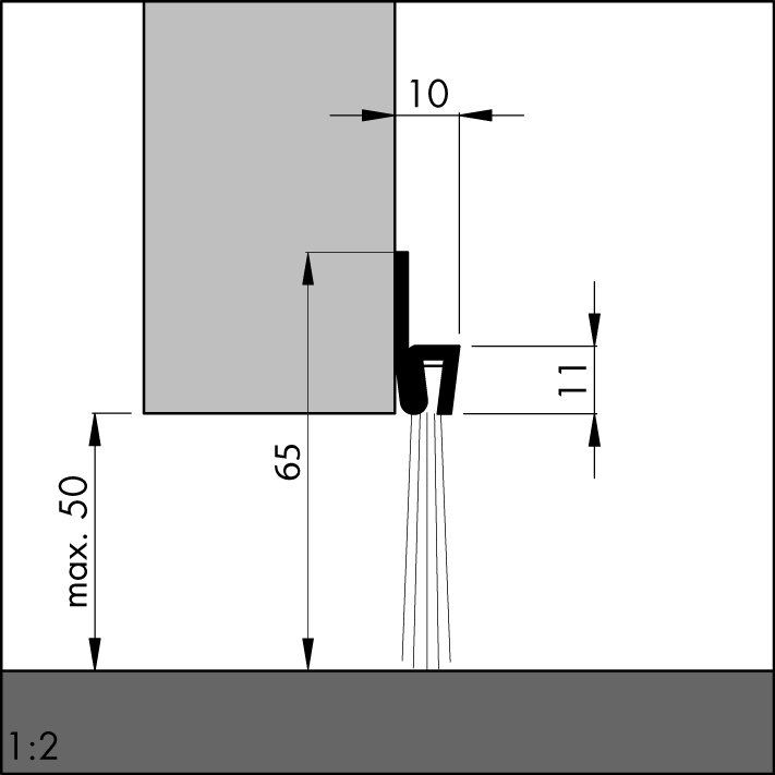 ELLEN Türbodendichtung IBS POG 65 ungebohrt, Stahlbl. silber, H 65mm, Bürstenhöhe 40mm ELLEN Türbodendichtung IBS POG 65 ungebohrt, Stahlbl. silber, H 65mm, Bürstenhöhe 40mm