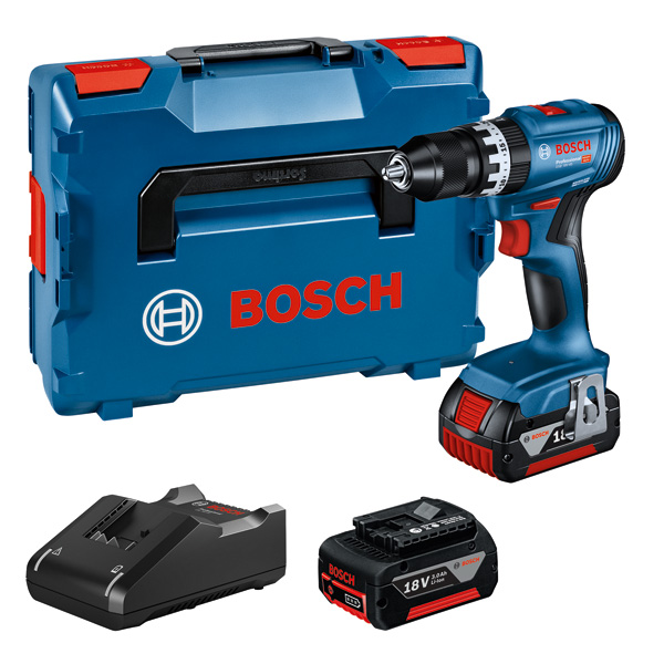 BOSCH Akku-Bohrschrauber GSB 18V-45, 2 Akku GBA 18V 3.0Ah, Ladeg. u. L-BOXX