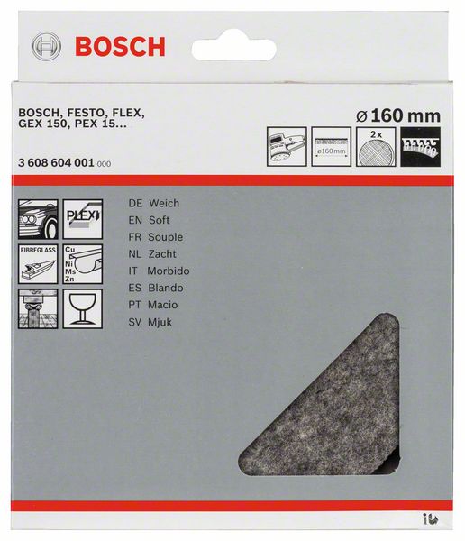 BOSCH Polierfilz für Exzenterschleifer, weich, Klett, 160 mm, 2er-Pack