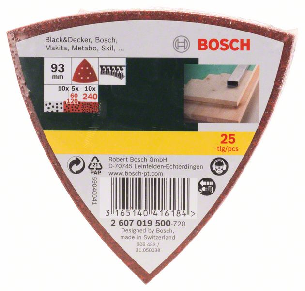 BOSCH Schleifblatt-Set für Deltaschleifer, 93 mm, 60 - 240, 6 Löcher, 25er-Pack