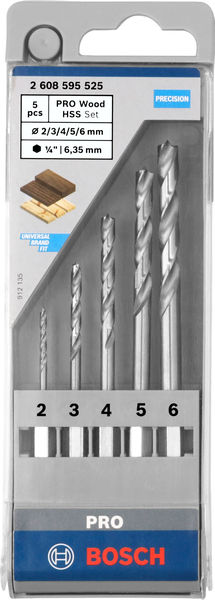 BOSCH Holzbohrer-Set mit Sechskantschaft, 5-teilig, 2 - 6 mm