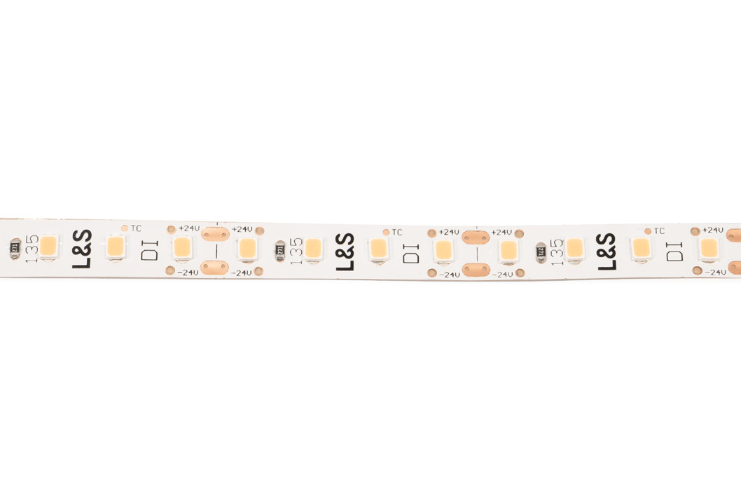 L&S LED-Band HE 160LEDs/m (2835), 2700K, 4 LEDs/25mm, 24DC, 8,6W/m, 8mmx5m, 2x Anschlussltg. 2000mm, white PCB, IP20