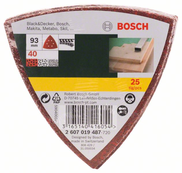 BOSCH Schleifblatt-Set für Deltaschleifer, 93 mm, 40, 6 Löcher, 25er-Pack