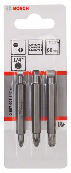 BOSCH Doppelklingenbit-Set, 3-teilig, S0,6x4,5, PZ1, S0,8x5,5, PZ2, S1,2x6,5, PZ3,60mm