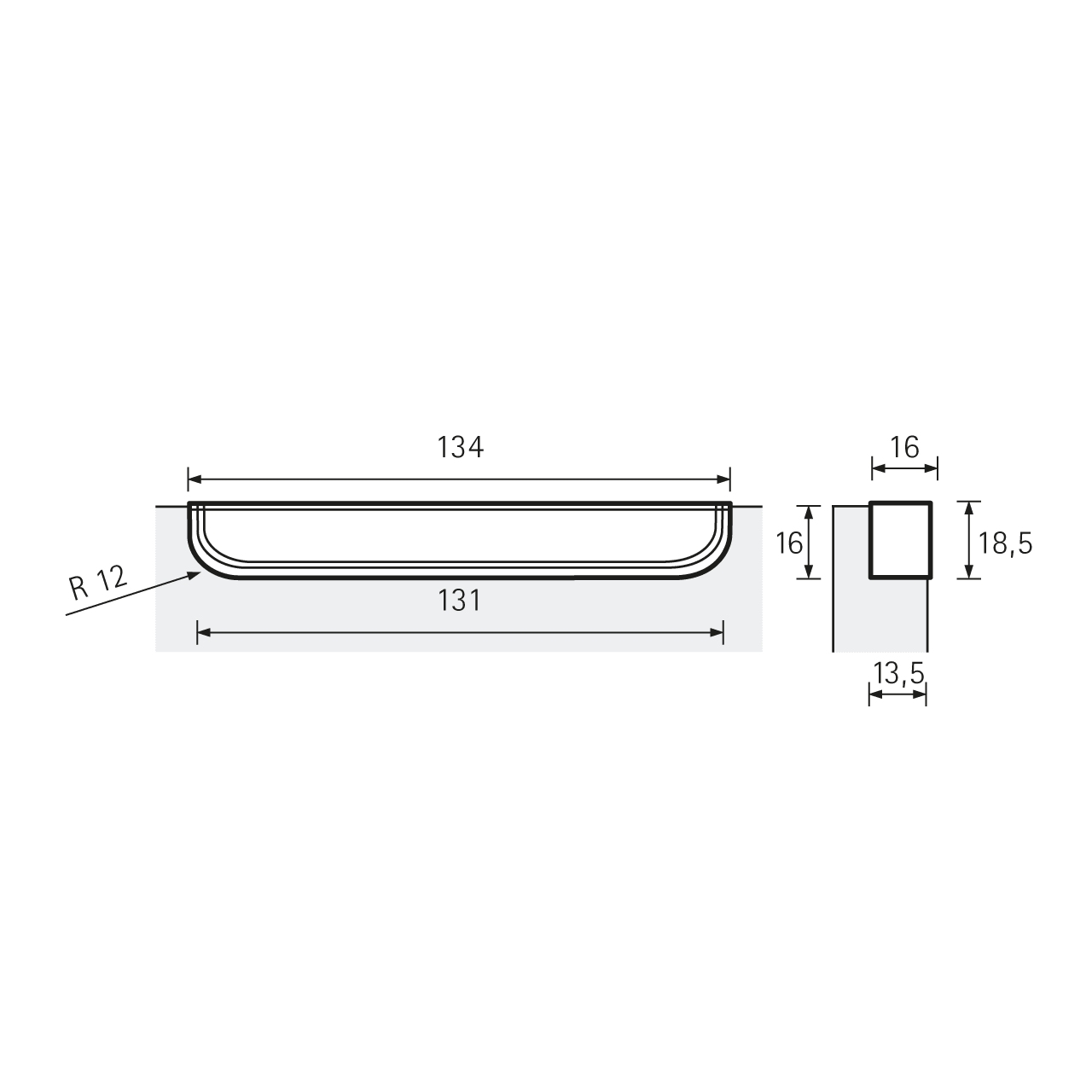 HETTICH Einsetzgriff Genzone, L 134 mm, B 16 mm, H 16 - 18,5 mm, Verchromt glanz, 9145262