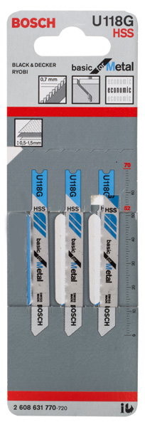 BOSCH Stichsägeblatt U 118 G Basic for Metal, 3er-Pack