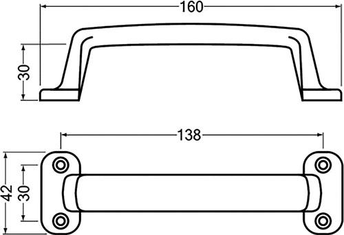 HERMETA Handgriff A.30mm L.160mm B.42mm Alu-Guss silberf.elox.Löcher 4,D.3,7mm HERMETA