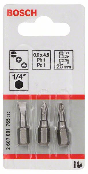 BOSCH Schrauberbit-Set Extra-Hart (gemischt), 3-teilig, S 0,6x4,5, PH1, PZ1, 25 mm