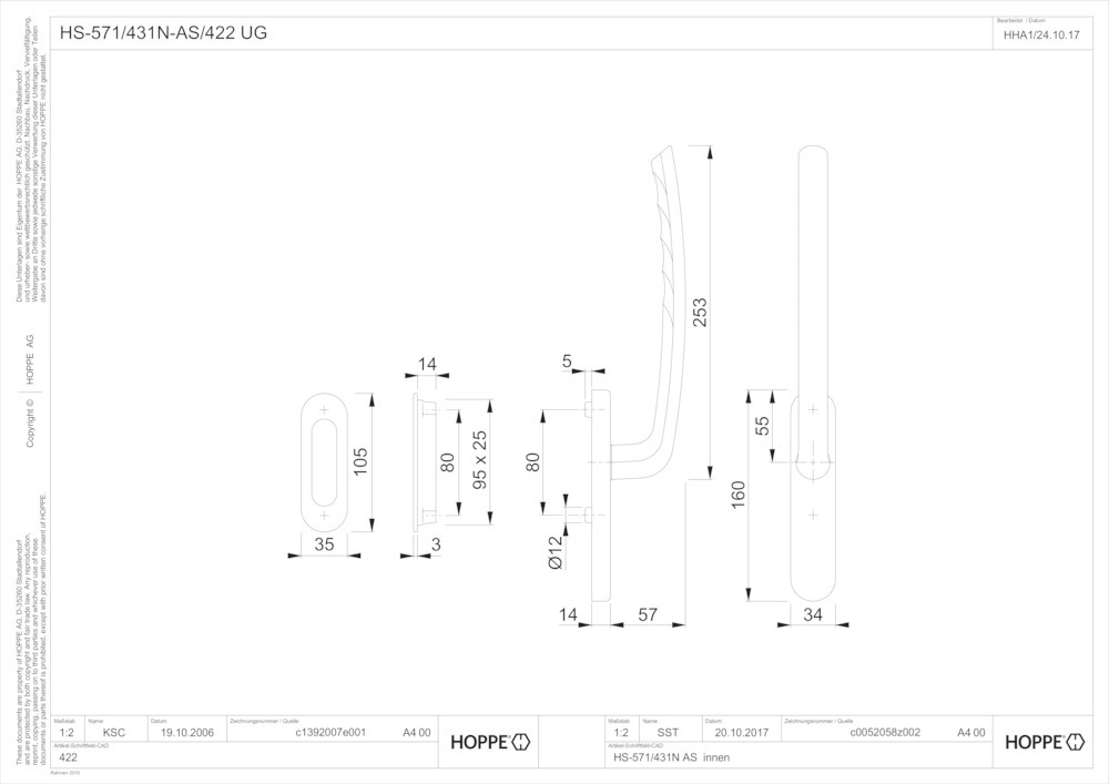 HOPPE® Handhebelgarnitur Tôkyô HS-571/431N-AS/422, Aluminium, 11620183