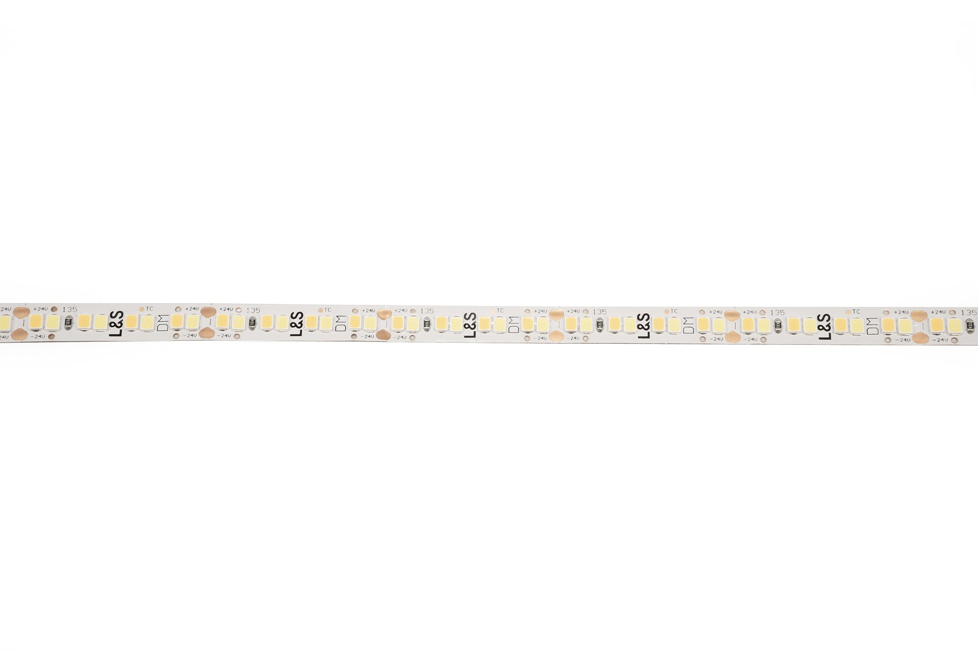 L&S LED-Band HE 112+112LEDs/m (2835), 2700-4000K, 4+4LEDs/35,7mm, 24DC, 9,8W/m, 8mmx5m, mit 2x. Anschlussltg. 2000mm, white PCB, IP20,