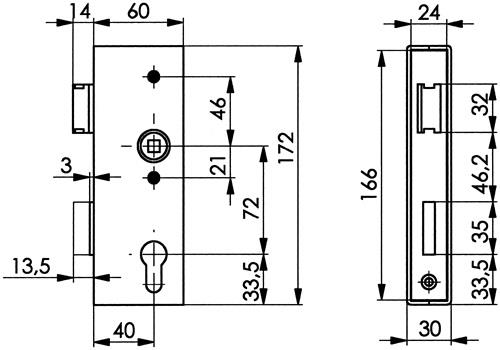 AMF Schlosskasten 141UNIG-30PZ DIN L/R Maß A30xB60xC166mm Dornm.40mm AMF