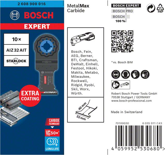 BOSCH EXPERT MetalMax AIZ 32 AIT Blätter für Multifunktionswerkzeuge, 40 x 32 mm, 10 Stück. Für oszillierende Multifunktionswerkzeuge