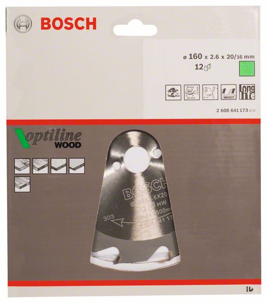 BOSCH Kreissägeblatt Optiline Wood für Handkreissägen, 160 x 20/16 x 2,6 mm, 12