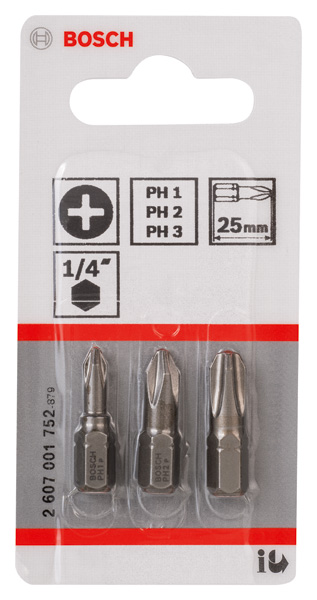 BOSCH Schrauberbit-Set Extra-Hart (PH), 3-teilig, PH1, PH2, PH3, 25 mm