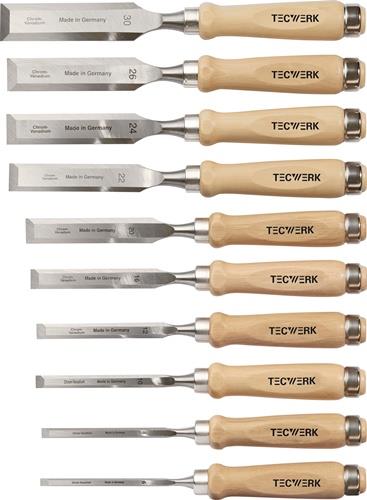 TECWERK Stechbeitelsatz 6,8,10,12,16,20,22,24,26,30mm Weißbuchenh.Ulmer Form Krt. TW