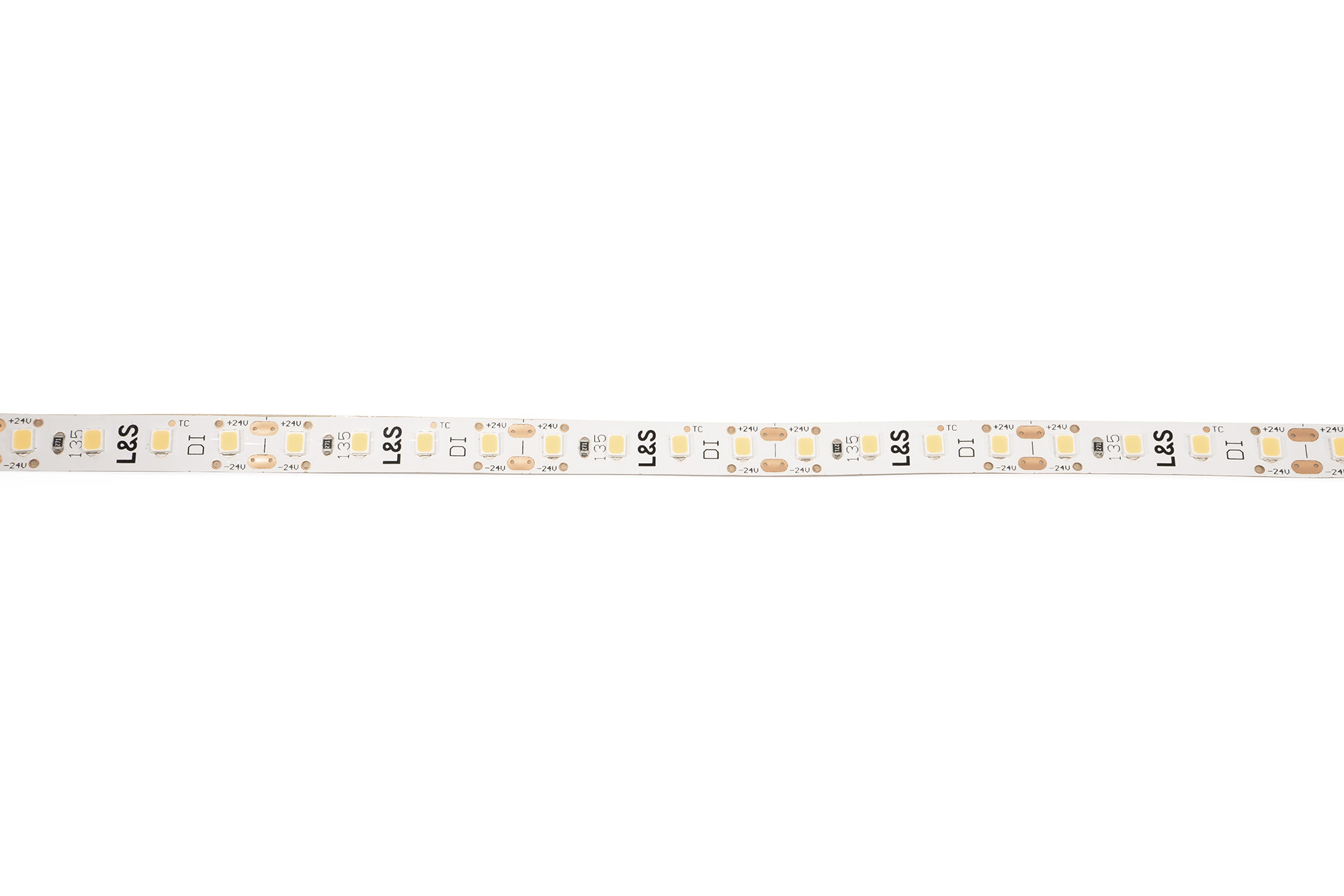 L&S LED-Band HE 112LEDs/m (2835), 3000K, 4 LEDs/35,7mm, 24DC, 6,3W/m, 8mmx50m, white PCB, IP20