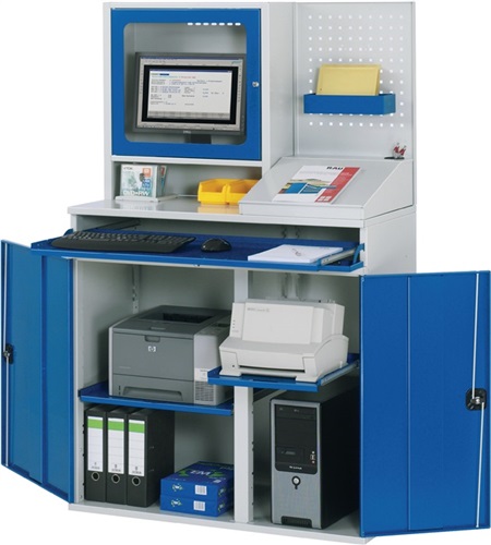RAU Computerschrank H1770xB1100xT520mm stat.blau/grau Monitorgeh.,Lochpl.,Pult