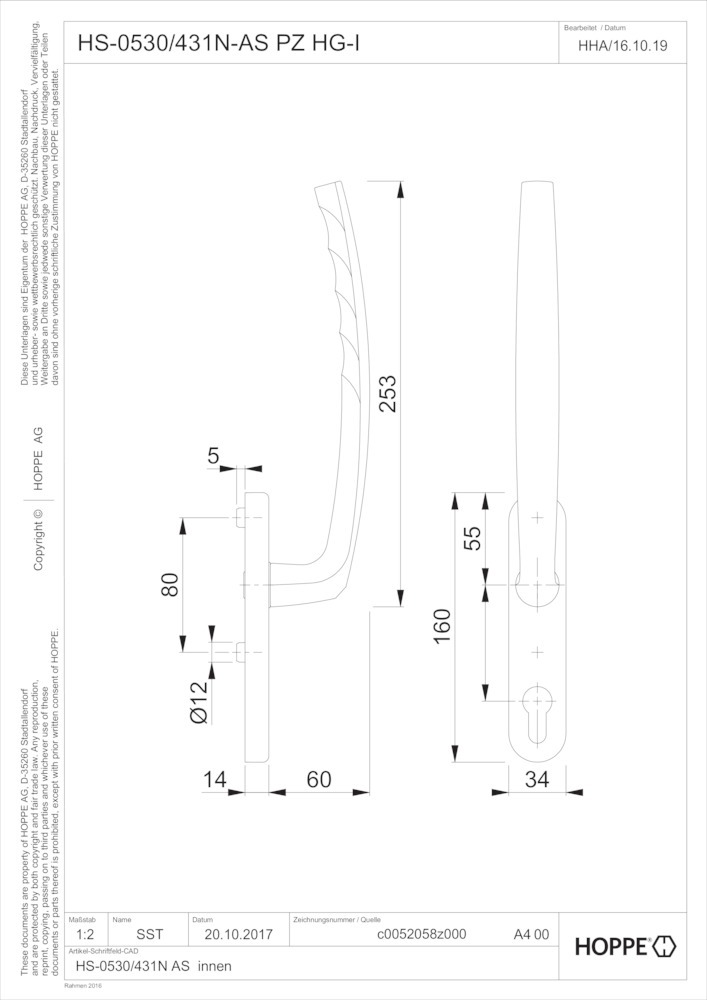 HOPPE® Handhebelgarnitur Atlanta HS-0530/431N-AS, ohne Schrauben, Aluminium