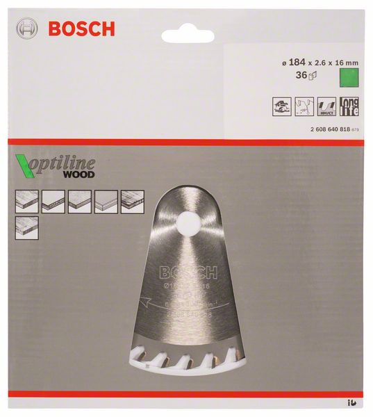 BOSCH Kreissägeblatt Optiline Wood für Handkreissägen, 184 x 16 x 2,6 mm, 36