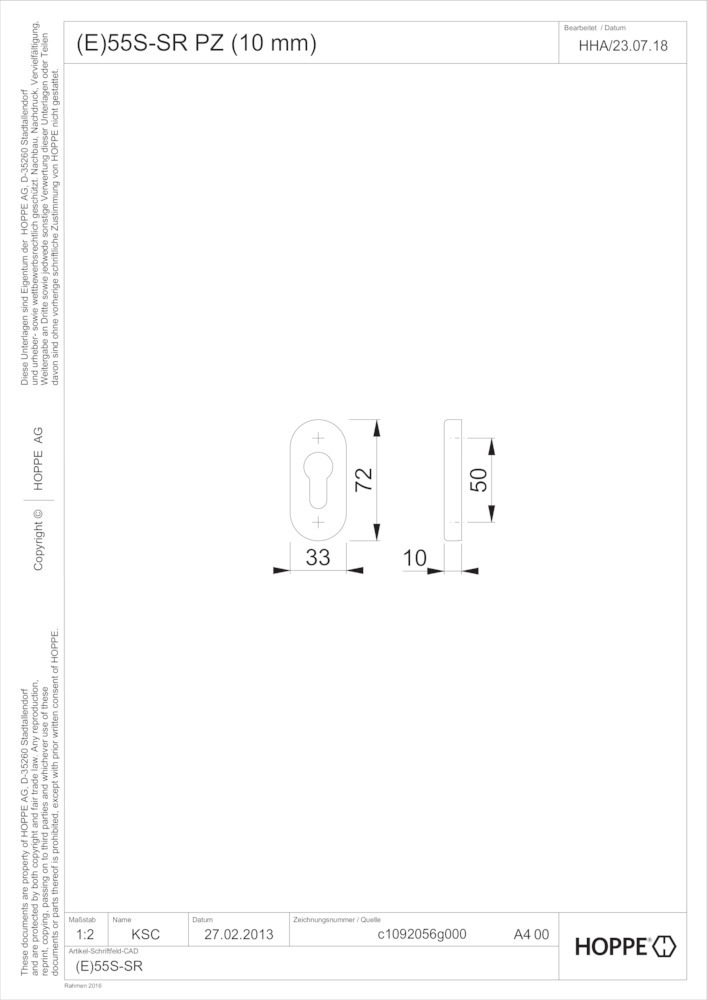 HOPPE® Schiebe-Schlüsselrosette 55S-SR, Aluminium, 11709085 HOPPE® Schiebe-Schlüsselrosette 55S-SR, Aluminium, 11709085