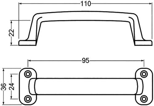 HERMETA Handgriff A.22mm L.110mm B.36mm Alu-Guss silberf.elox.Löcher 4,D.3,7mm HERMETA
