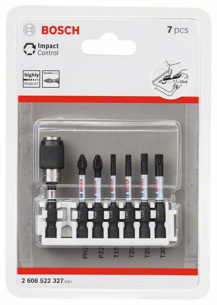 BOSCH Schrauberbit-Set Impact Control, 7-teilig, PH2, PZ2, T15, T20, T25,T30, 50 mm