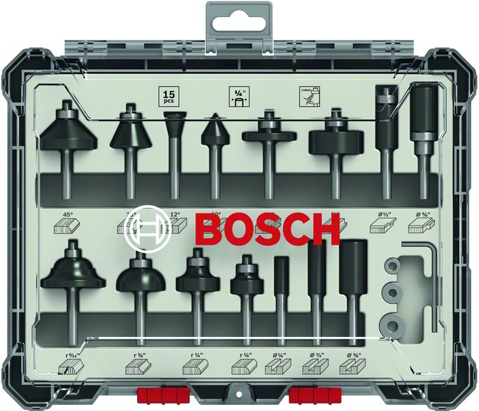 BOSCH Fräser-Set, 1/4 Zoll-Schaft, 15-teilig