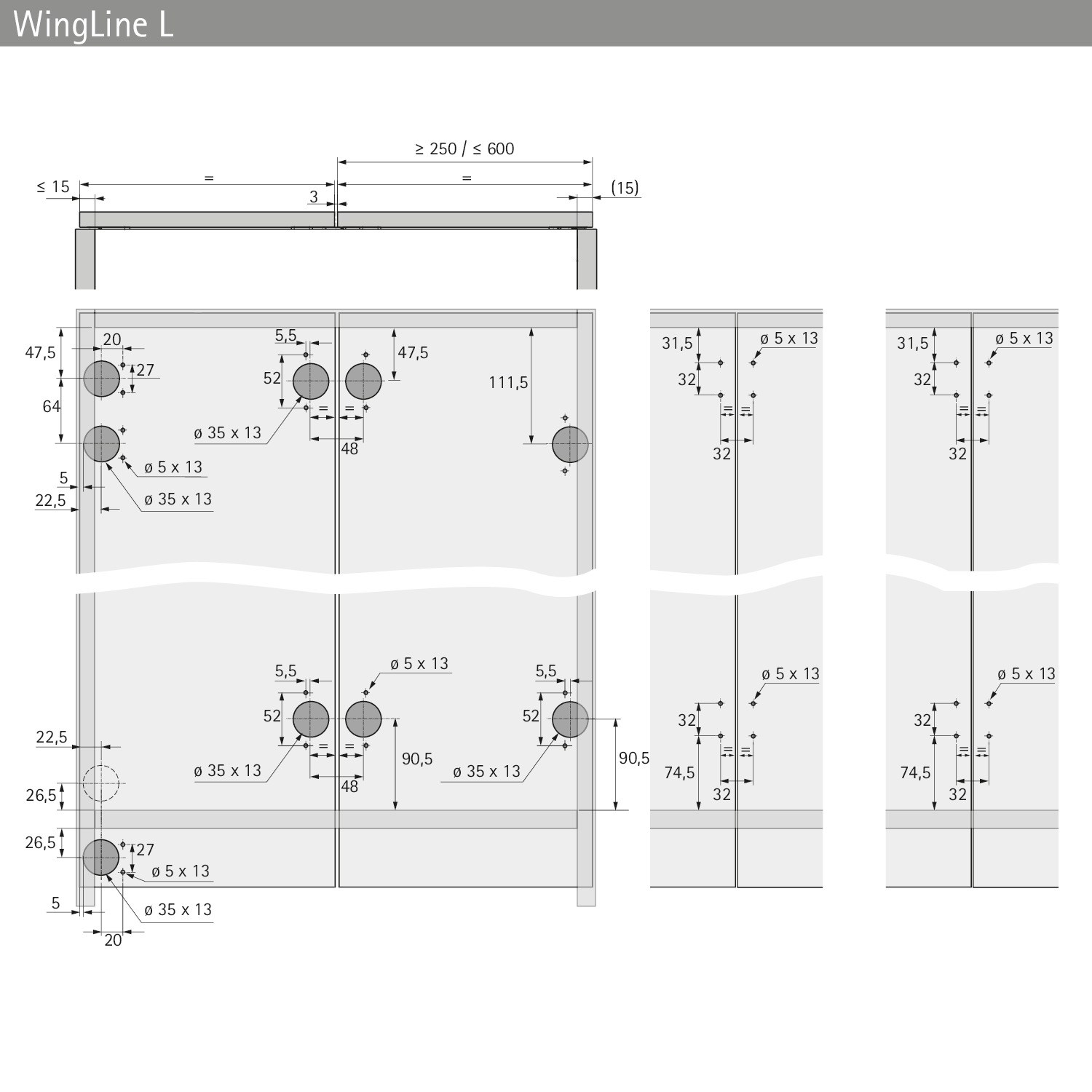 HETTICH WingLine L, Profilset mit unterer Führung, 1200, pulverbeschichtet weiß, 9279168