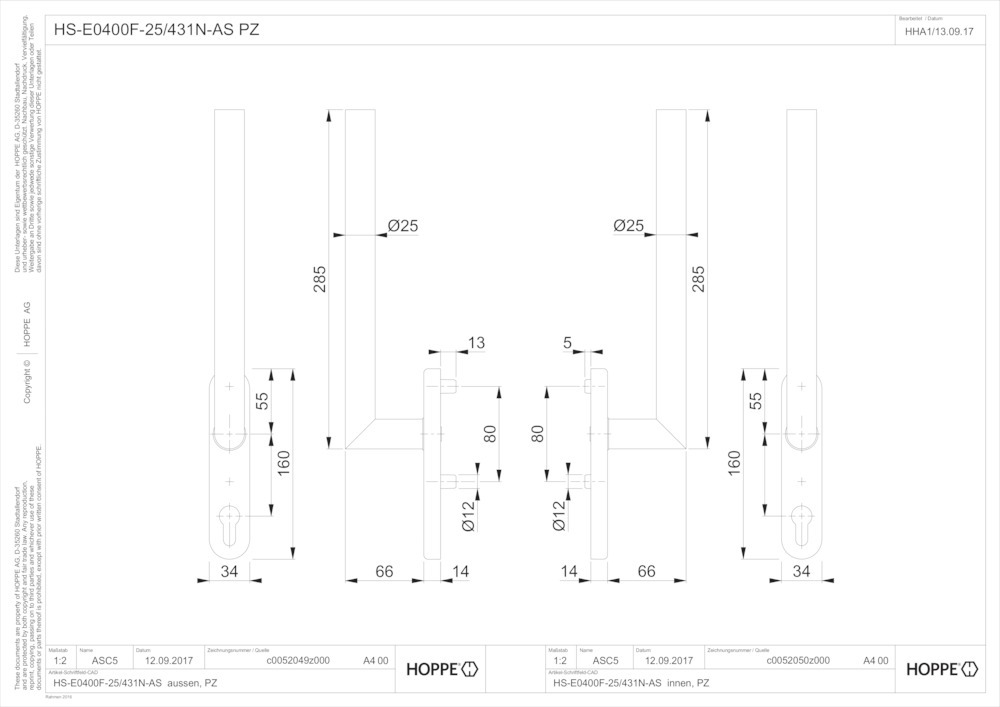 HOPPE® Handhebelgarnitur Amsterdam HS-E0400F-25/431N-AS, Edelstahl, 11622222 HOPPE® Handhebelgarnitur Amsterdam HS-E0400F-25/431N-AS, Edelstahl, 11622222