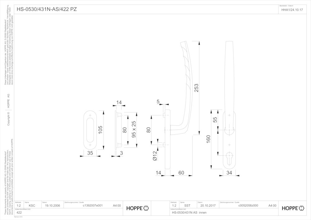 HOPPE® Handhebelgarnitur Atlanta HS-0530/431N-AS/422, Aluminium, 11642087