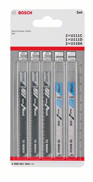 BOSCH Stichsägeblatt-Set Basic for Wood and Metal, 5-teilig, Universalschaft