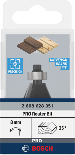 BOSCH Fase-/Bündigfräser 8 mm, D1 23,7 mm, B 5,5 mm, L 12 mm, G 54 mm, 25°