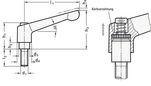 GANTER Verstellbarer Klemmhebel GN 300 d1 M 6mm l1 45mm l2 32mm AG GANTER