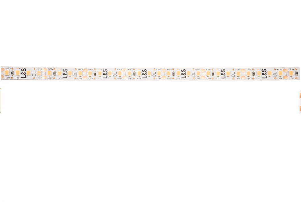 L&S LED-Band HE 160LEDs/m (2835), 3000K, 4 LEDs/25mm, 24DC, 8,6W/m, 8mmx50m, white PCB, IP20