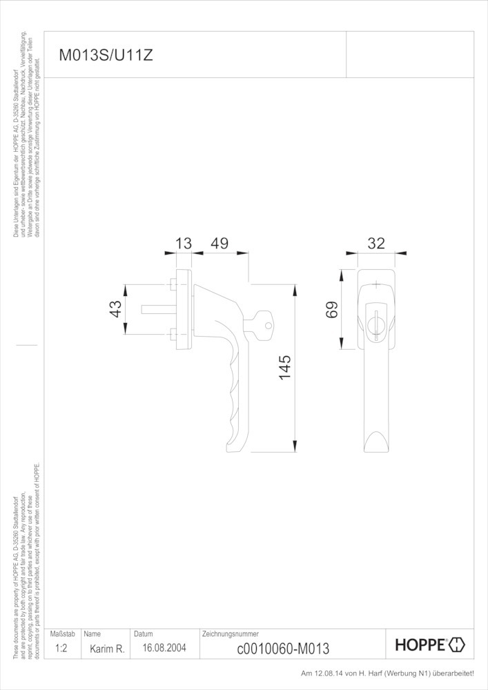 HOPPE® Fenstergriff absperrbar London M013S/U11Z, ohne Schrauben, Messing, 816163