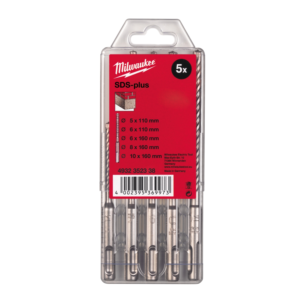 MILWAUKEE 5/6 x 110 mm, 6/8/10 x 160 mm Hammerbohrer M2 SDS-Plus Set 5-teilig